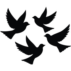 Obraz premium Silhouette artwork of four flying birds representing peace freedom and spiritual tranquility.