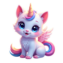 cute cartoon creature that’s a mix of a kitten, unicorn, and pegasus, with big blue eyes, a horn, wings, and pastel rainbow-colored fur