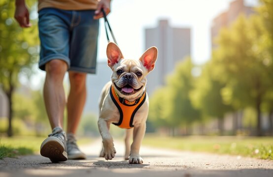 French bulldog enjoys walk in park with owner. Domestic dog smiles, wears orange harness. Summer day in city park, outdoor lifestyle. Pet parent concept. Happy dog, man walking together, canine