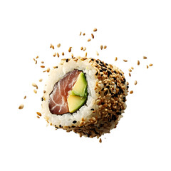 sushi roll with tuna and avocado, suspended mid-air with soy sauce splashing in all directions, fresh, glossy fish and vibrant rice flying around, isolated on transparent background, png cutout