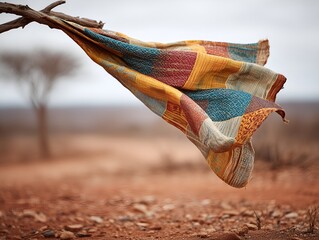 Colorful ethnic scarf flying in desert wind — African and Indian textile with bold traditional patterns and nomadic energy captured in handmade cultural fabric aesthetic