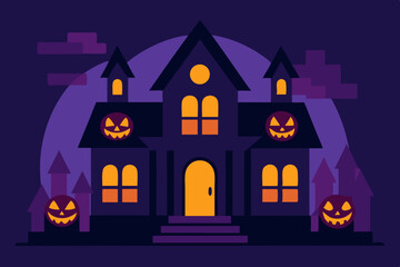 Spooky haunted house with bats, pumpkins, and a dark, scary sky on a Halloween night