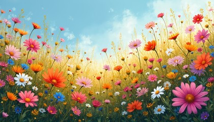 Obraz premium Vibrant floral meadow blooms with colourful wildflowers. Sunny summer landscape. Botanical art pretty blossom, green foliage, petals against blue sky. Ideal for nature projects, eco tech, gardening,