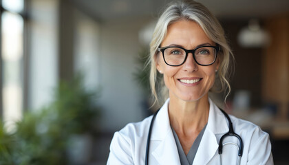 Smiling female doctor in white coat, glasses looks at camera. Medical pro with stethoscope, health care expert. Portrait of mature woman in medical uniform. Healthcare, medicine, wellness, technology