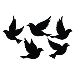 Fototapeta premium Silhouettes of five black birds in flight representing freedom and peace on white background