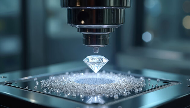 Advanced tech machine precisely depositing carbon atoms, growing diamonds in lab. Nanotechnology, automation, technology, chemistry, substrate create gem. High-tech process, manufacturing.