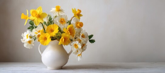 Spring Bouquet of Daffodils and Primroses in a White Vase Beautiful Yellow and White Flowers