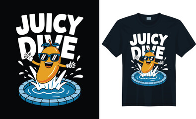 Happy Mango Cartoon Mascot Jumping into Pool with Juicy Dive Summer T-Shirt Design