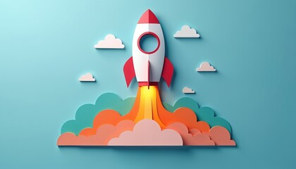 Colorful paper art rocket launch on blue background. Creativity innovation exploration, startup, business, technology, space travel. Ideal for designs of children books, educational materials, tech