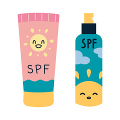 Cute SPF cream and spray bottle with smiling sun icons. Summer skincare products, funny and colorful. Trendy modern vector illustration isolated on white background, hand drawn, flat design