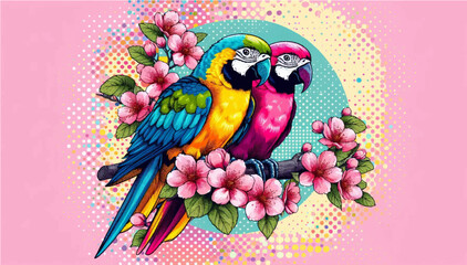 Macaw parrots sitting on a flowering branch color postcard. An illustration in the offset printing style. Vector graphics. EPS.