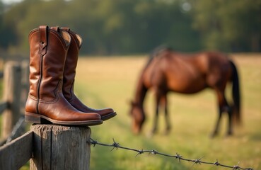 Brown leather cowboy boots stand on wooden fence post, blurred horse in background. Equestrian style, country life, fashion accessory. Western rural scene, farmland, casual attire, comfortable