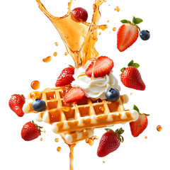 waffle with syrup, whipped cream, and fruit flying in mid-air, fresh strawberries, blueberries, and syrup splashing around, golden crisp texture, isolated on transparent background, png cutout