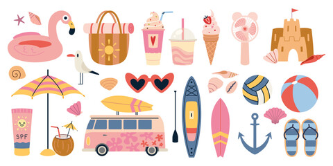 Bright summer icons set with beach items, desserts, accessories and sea elements. Vacation vibes and seaside adventures. Trendy modern vector illustration isolated on white, hand drawn, flat design