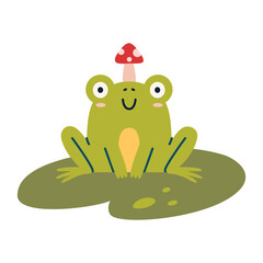 Smiling green frog sitting on a lily pad with a red amanita mushroom growing from its head. Trendy modern vector illustration isolated on white, hand drawn, flat design