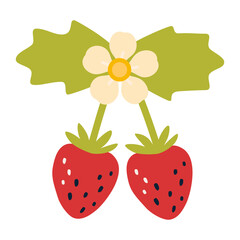 Two strawberries with green leaves and flower, decorative summer style. Trendy modern vector illustration isolated on white background, hand drawn, flat design