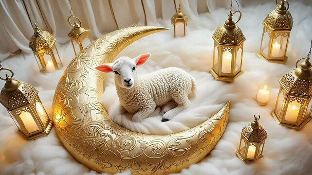 Lamb lying on golden crescent moon with lanterns