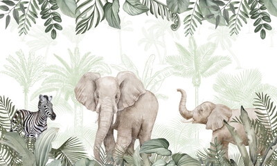 Soft Palette Jungle Mural: African Elephants & Zebras in Calm Tropical Setting © csinie1