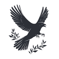 Fototapeta premium Silhouette of flying crow with open wings and olive branches