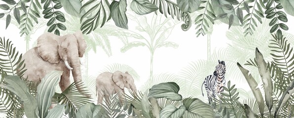 Detailed Jungle Scene Mural: African Elephant & Zebra in Verdant Tropical Leaves © csinie1