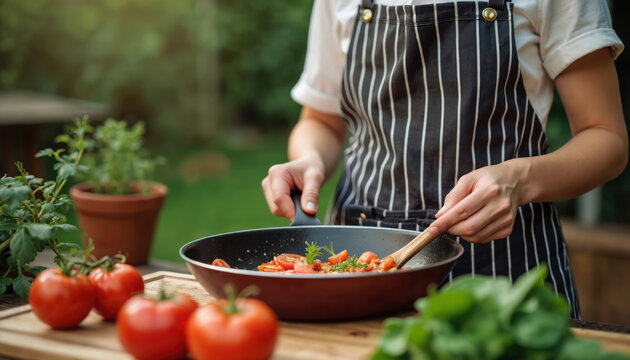 Young chef streams culinary webinar cooking class outdoors. Woman cooks healthy meal on patio. Online home cooking course, using fresh ingredients. Kitchen, food blog, social media content. - Powered by Adobe