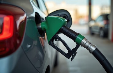 Close-up of fuel pump nozzle refilling car at gas station. Fuel nozzle inserted into vehicle tank. Gasoline filling process. Energy industry, rising fuel prices, economic crisis, pollution,