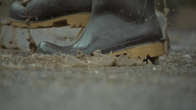 rubber boots step on a puddle and creates a splash which flies around. Slow motion, high speed camera, 300fps