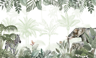 Gentle Jungle Mural: African Elephants & Zebras in Light Green Foliage Background © csinie1