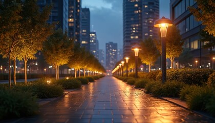 Obraz premium Cityscape illustration at dusk. Pathway illuminated by smart lighting, trees, buildings. Modern city night view creates vibrant atmosphere. Energy efficient architecture, sustainable infrastructure,