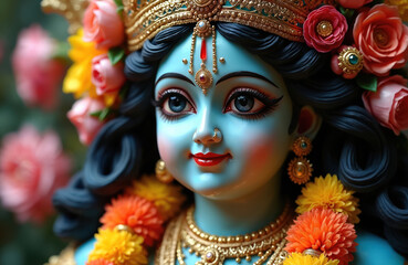 Close-up portrait of Lord Krishna adorned with flower garland. Embodiment of Indian culture, spirituality. Celebrating Sri Krishna Janmashtami, concept for Ekadashi. God idol adorned with flowers,