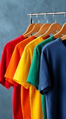 Obraz premium Vibrant Collection of Casual T-Shirts Displayed on Hangers in a Studio Setting