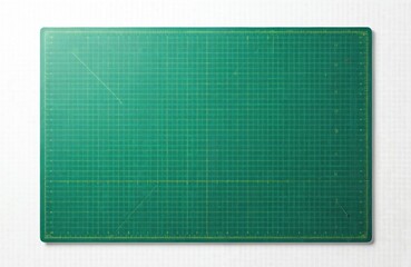 Green cutting mat with grid and inch scale. Patchwork, crafting tool with geometric design on white background for measuring length. Rubber cutting board for DIY, drawing, safe cutting.