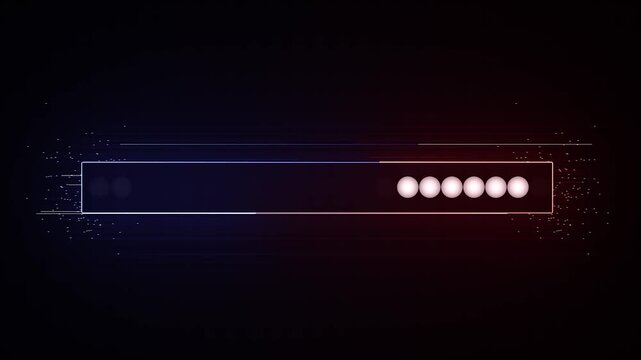 Digital text loading bar animation add saber effect. Neon red and blue rectangular loading bar with dots on 4k black background