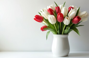 Fototapeta premium Extreme close-up bouquet of white and red tulips in white vase against white background. Fresh spring flowers for sale. Festive celebration, event decor, home decoration, greeting card design.
