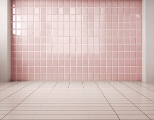 Fototapeta premium Light pink tile wall background with floor. Pink bathroom tiles