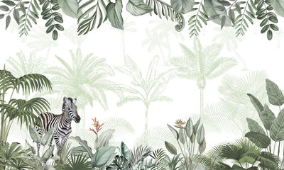 Jungle Animal Nursery Mural: Zebra in Green Tropical Forest © csinie1