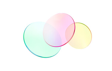 Set 3d glass round shape icon. Transparent circle podium, plate, disk, lens flying. Abstract color crystal element. Pastel gradient platform with glass morphism effect. Vector realistic illustration