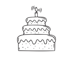 happy birthday cake doodle hand drawn icon. Outline drawing birthday cake with candles line clipart symbol