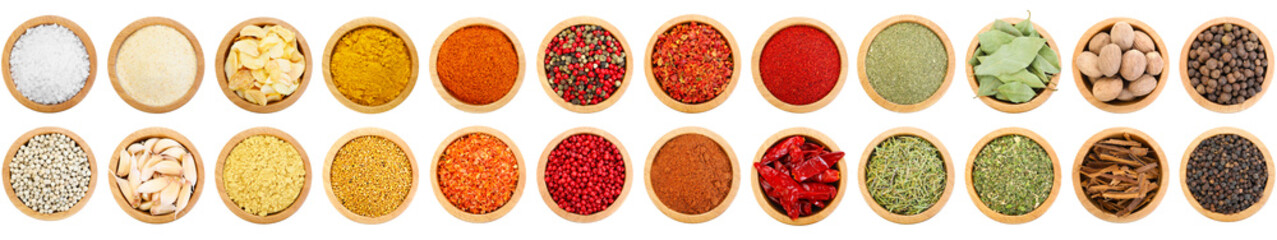 Different aromatic spices in bowls isolated on white, set. Top view