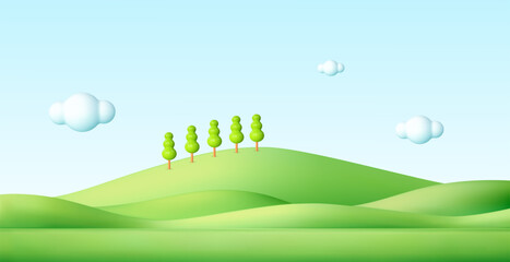 Kid podium in green hills on abstract cartoon background. 3d spring landscape. Tree, grass mountain, clouds in sky. Park scene. Childish cartoon vector illustration