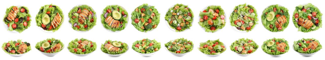 Tasty fresh salads with meat on white background, collage. Top and side view