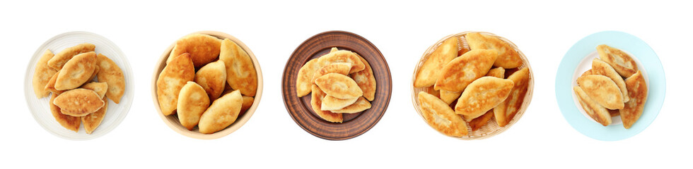 Tasty baked patties on white background, set. Top view