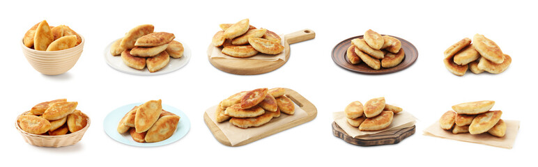 Tasty baked patties on white background, collage