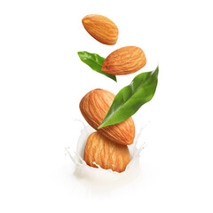 Almonds falling into splashing nut milk against white background