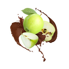 Fresh apples with chocolate splashes in air on white background