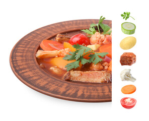 Delicious cooked stew and fresh ingredients on white background, collage