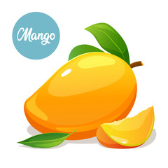 Juicy mango illustration with whole and slice fruit, and label isolated on white background.