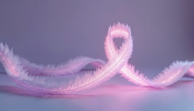 Featherly World Cancer Day theme illustration. Pink ribbon awareness symbol, commemorating the fight disease, promoting health care. Hopeful scene, digital artwork on grey background.