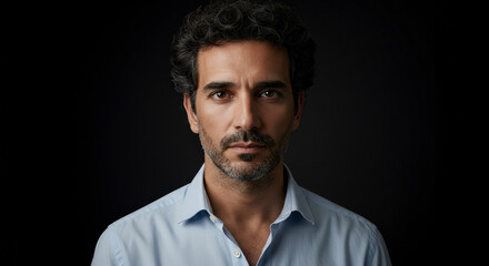 Obraz premium Serious Male Portrait Headshot In A Dark Studio Background With Light Blue Shirt And Dark Hair