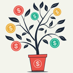 A tree with money symbols symbolizing wealth and prosperity on a white background with a copy of space